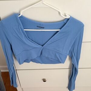 Garage Light Blue Ribbed Twist-Front Long Sleeve Crop Top